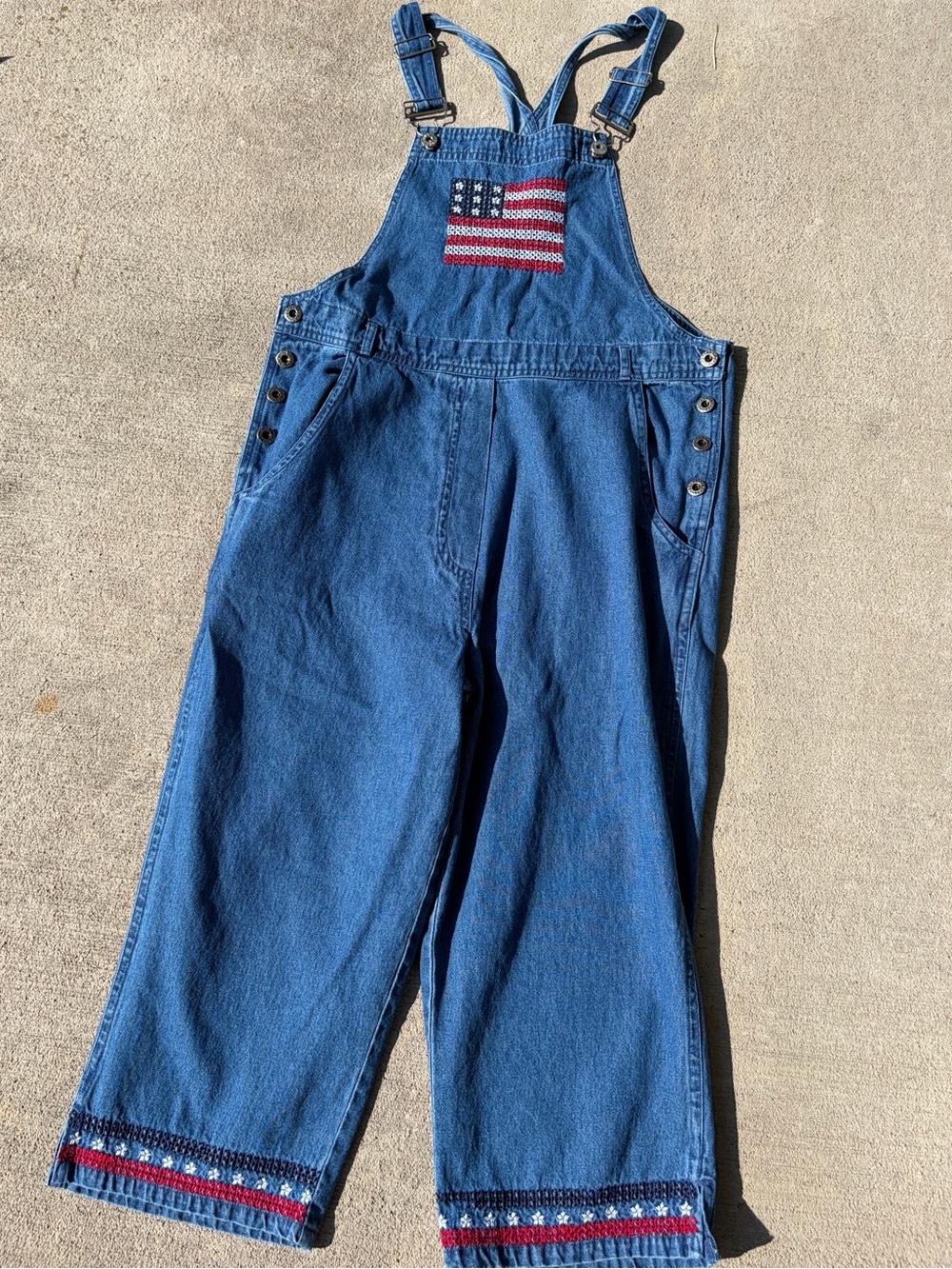 Vintage 90s American flag denim patriotic americas 250th overalls stitched